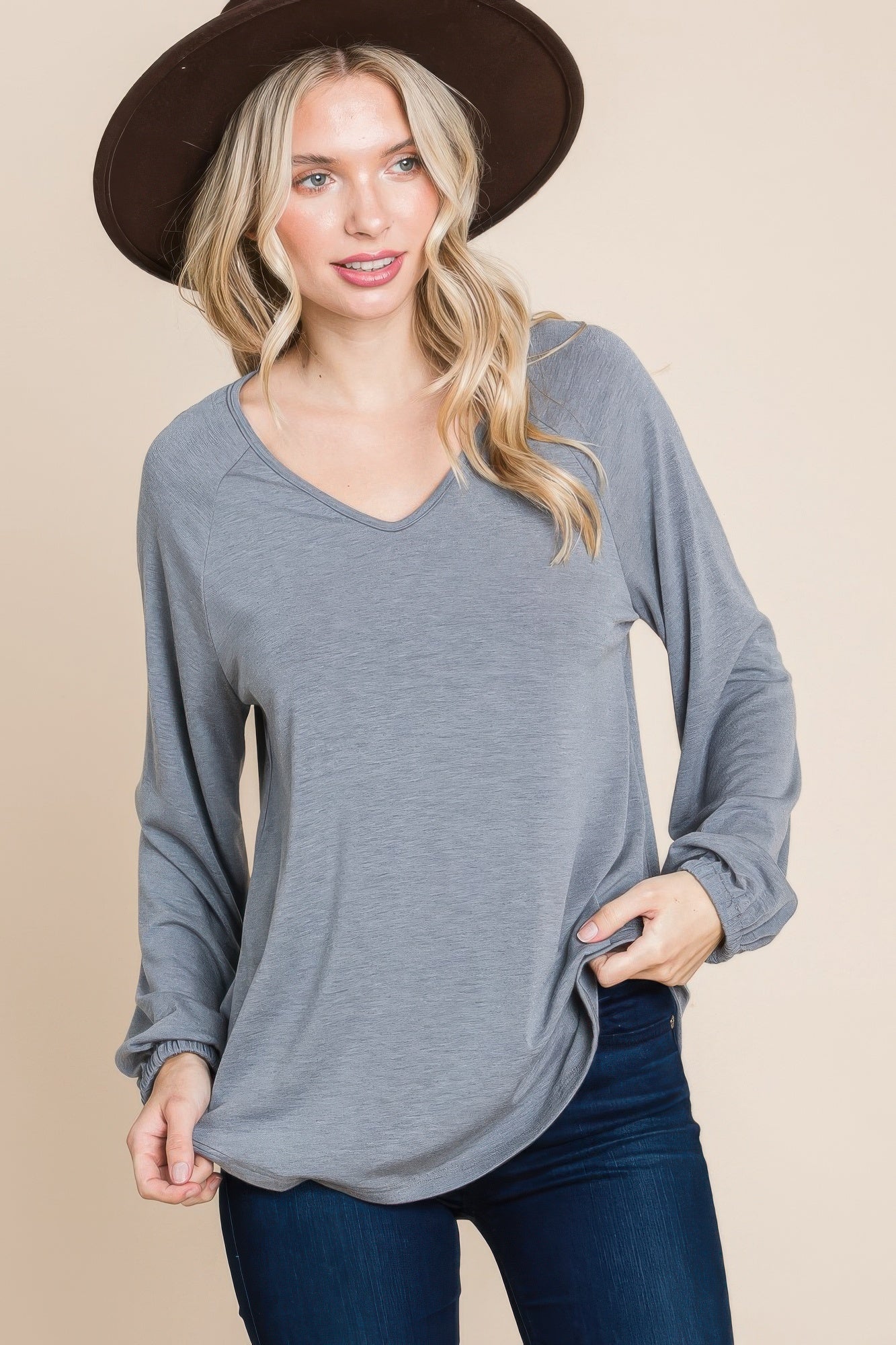 Casual V Neck Basic Long Sleeve Top In Grey Simmer & Fay