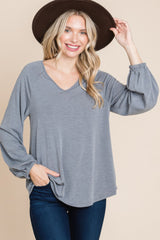 Casual V Neck Basic Long Sleeve Top In Grey Simmer & Fay