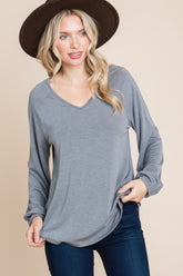 Casual V Neck Basic Long Sleeve Top In Grey Simmer & Fay