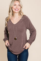 Casual V Neck Basic Long Sleeve Top in Brown Simmer & Fay