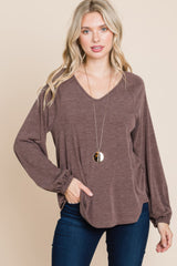 Casual V Neck Basic Long Sleeve Top in Brown Simmer & Fay