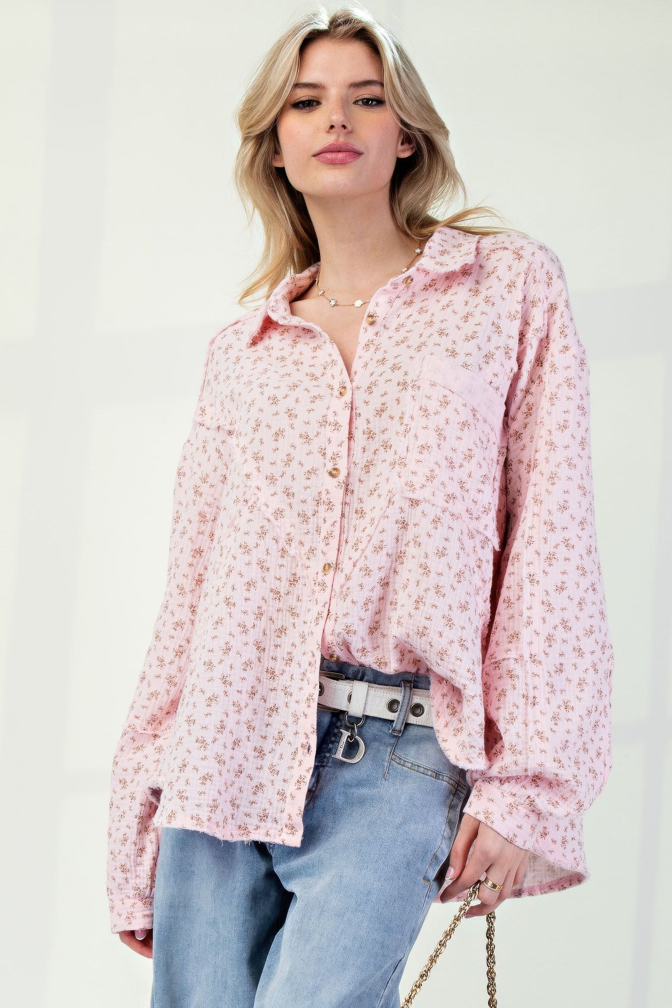 Floral Cotton Gauze Button Down Woven Shirt in Pink Simmer & Fay S