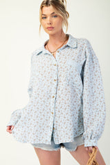 Floral Cotton Gauze Button Down Woven Shirt in Blue Simmer & Fay