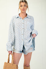 Floral Cotton Gauze Button Down Woven Shirt in Blue Simmer & Fay S