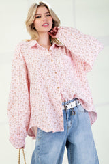 Floral Cotton Gauze Button Down Woven Shirt in Pink Simmer & Fay