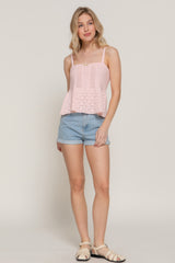 Flower Trim Detail Pointelle Spring Sweater in Pink Blush Simmer & Fay