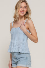 Flower Trim Detail Pointelle Spring Sweater in Pale Blue Simmer & Fay