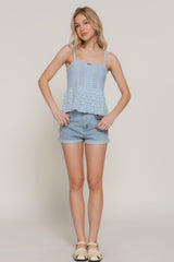 Flower Trim Detail Pointelle Spring Sweater in Pale Blue Simmer & Fay