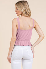 Lace Peplum Tie Front Ribbed Cami Top in Pink Simmer & Fay