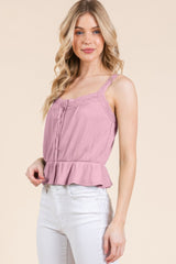 Lace Peplum Tie Front Ribbed Cami Top in Pink Simmer & Fay