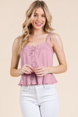 Lace Peplum Tie Front Ribbed Cami Top in Pink Simmer & Fay S