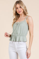 Lace Peplum Tie Front Ribbed Cami Top in Sage Simmer & Fay