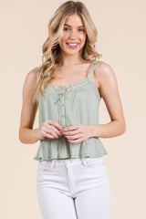 Lace Peplum Tie Front Ribbed Cami Top in Sage Simmer & Fay S