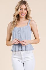 Lace Peplum Tie Front Ribbed Cami Top in Blue Simmer & Fay S