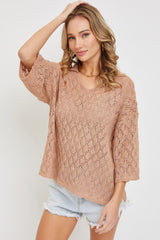Beige Pointelle V-neck Knit Top Simmer & Fay