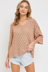 Beige Pointelle V-neck Knit Top Simmer & Fay S