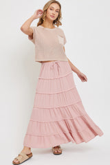Pink Cotton Gauze Tiered Maxi Skirt Simmer & Fay