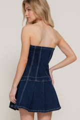 Strapless Stretch Denim Mini Pleats Dress Simmer & Fay