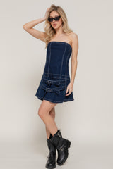 Strapless Stretch Denim Mini Pleats Dress Simmer & Fay