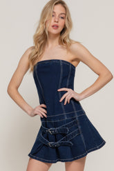 Strapless Stretch Denim Mini Pleats Dress Simmer & Fay S