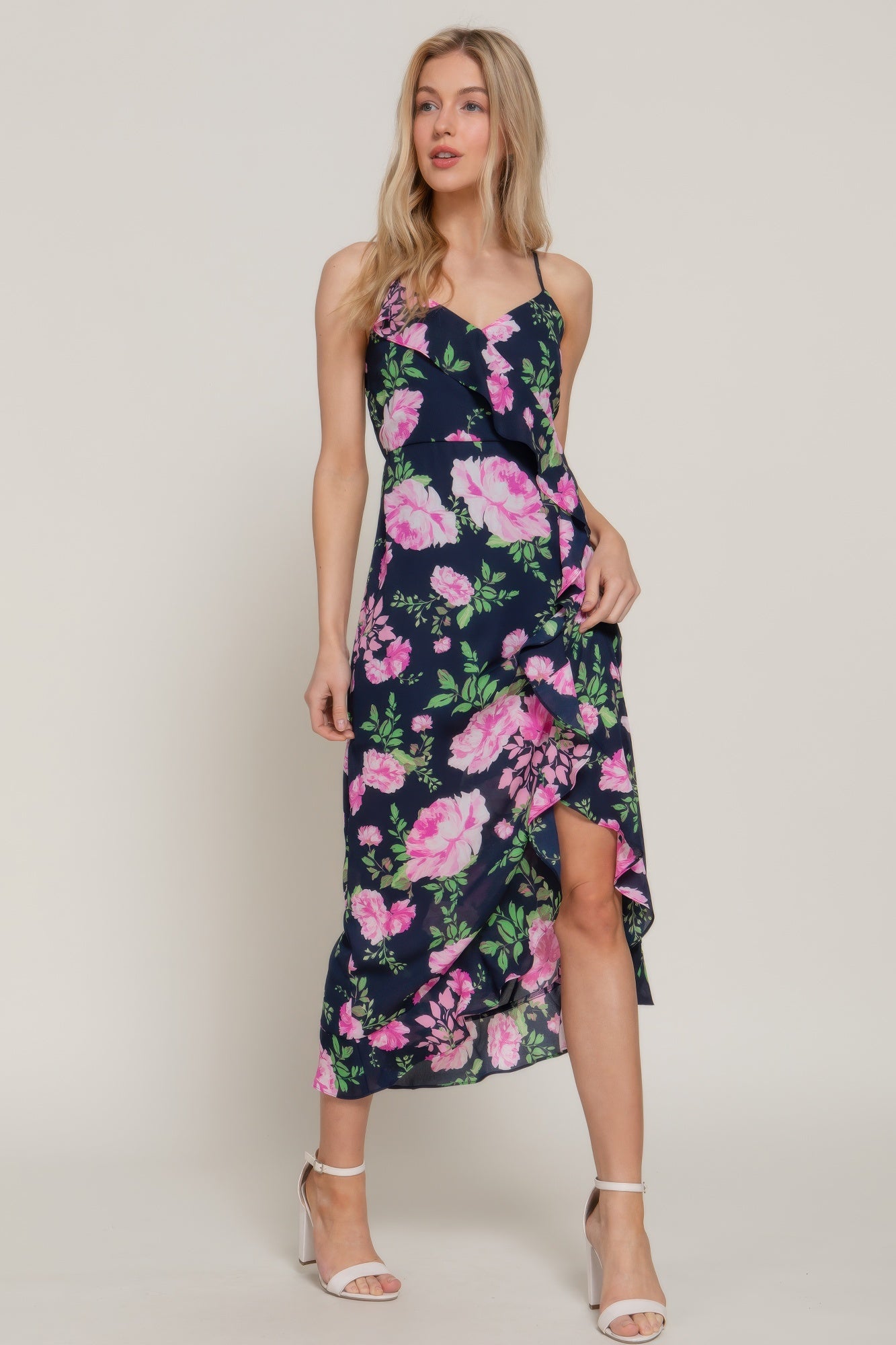 Floral Print Ruffle Slip Midi Dress Simmer & Fay S