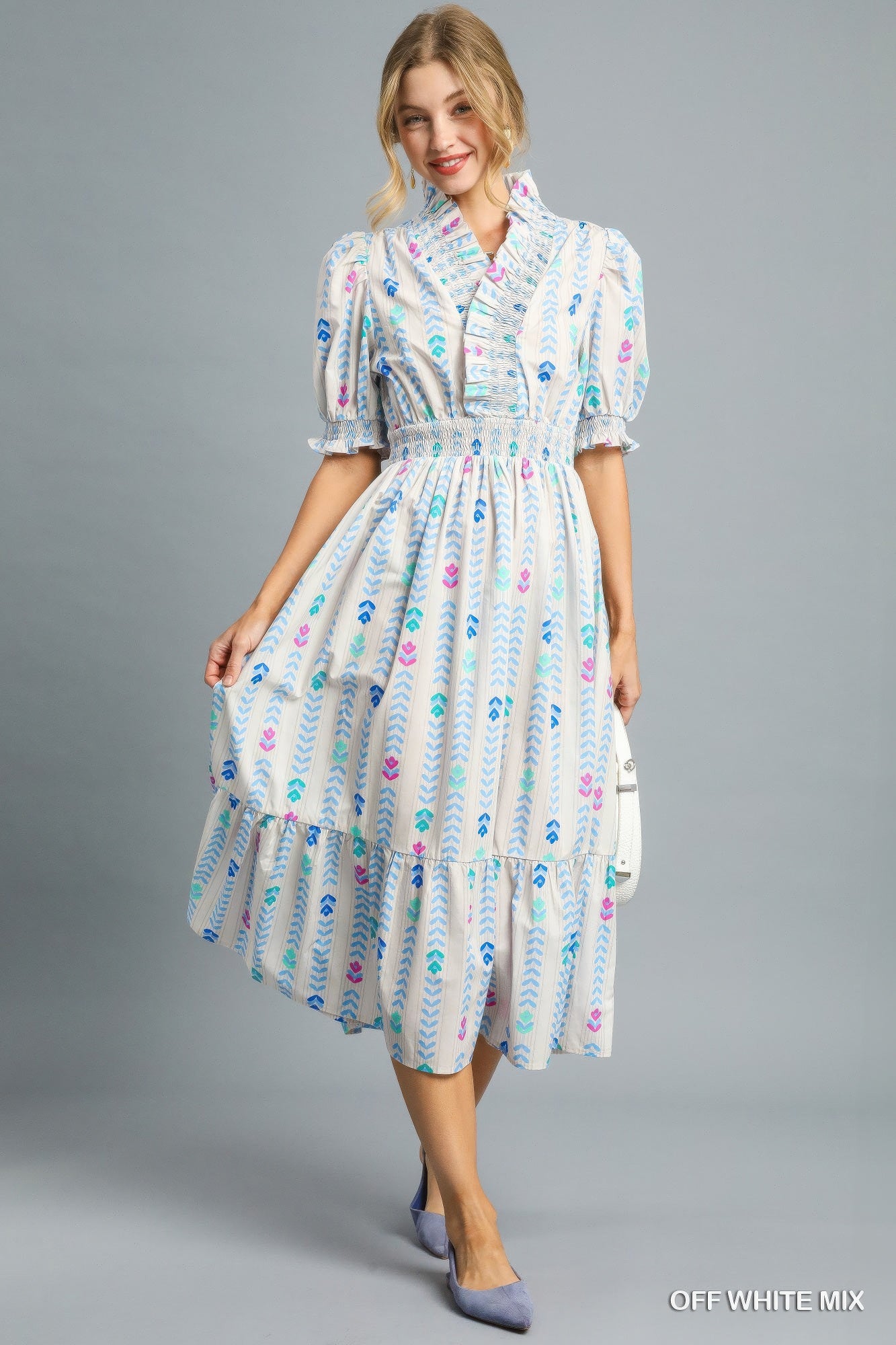 Vibrant Ruffle Floral Smocked Midi Dress Simmer & Fay S