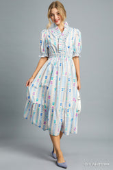 Vibrant Ruffle Floral Smocked Midi Dress Simmer & Fay S