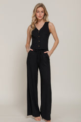 Button Closure Vest & Long Pants Set in Black Simmer & Fay S