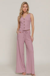 Button Closure Vest & Long Pants Set in Mauve Simmer & Fay S