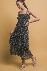 Tiered Midi Floral Dress in Black Simmer & Fay