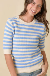 Short Sleeve Sweater Knit Blue Stripe Top Simmer & Fay S