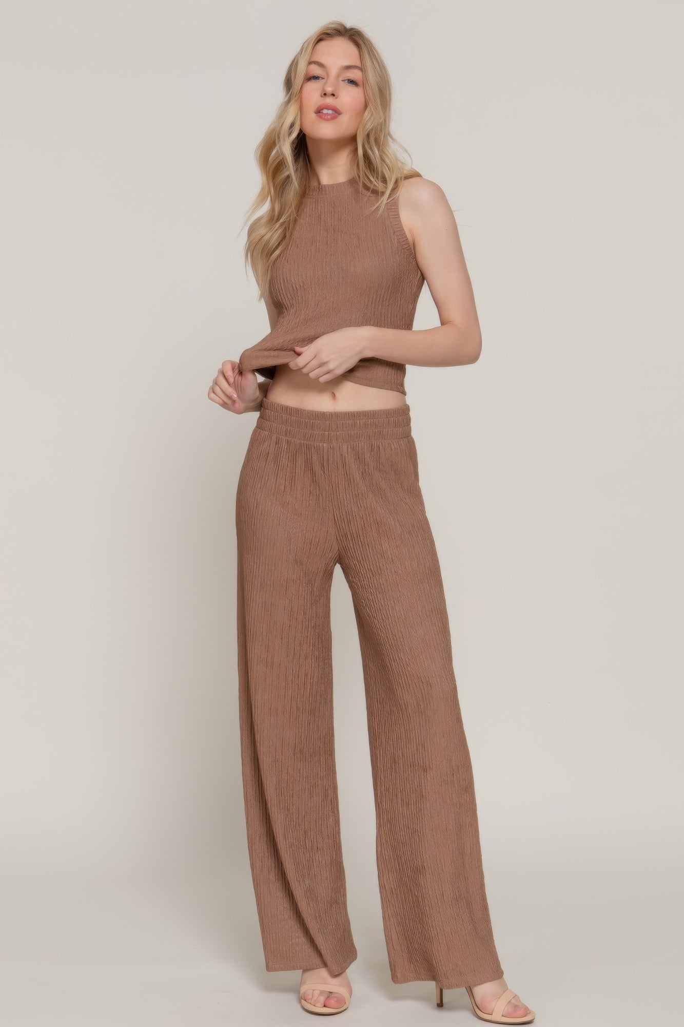 Sleeveless Top & Crinkle Knit Pants Set in Mocha Simmer & Fay S
