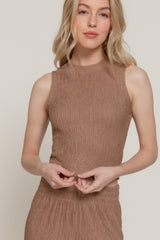 Sleeveless Top & Crinkle Knit Pants Set in Mocha Simmer & Fay