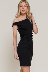 Asymmetric Off Shoulder Rib Mini Dress in Black Simmer & Fay