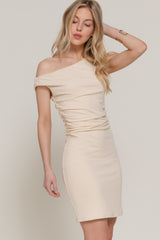 Asymmetric Off Shoulder Rib Mini Dress in Beige Simmer & Fay
