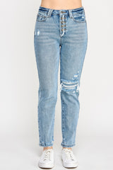 High Rise Button Fly Crop Slim Straight Jeans Saige Jeans 0