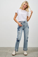 High Rise Star & Heart Patched Dad Jean W/stretch Saige Jeans