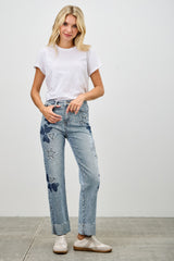 High Rise Star & Heart Patched Dad Jean W/stretch Saige Jeans