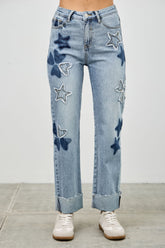 High Rise Star & Heart Patched Dad Jean W/stretch Saige Jeans
