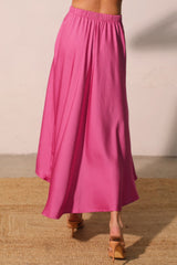 Pink Pleated Washed Poly Silk Midi Swing Skirt TYCHE