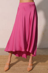Pink Pleated Washed Poly Silk Midi Swing Skirt TYCHE S