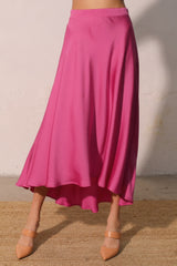 Pink Pleated Washed Poly Silk Midi Swing Skirt TYCHE S