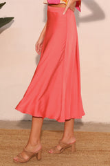 Coral Pleated Washed Poly Silk Midi Swing Skirt TYCHE