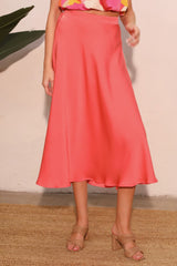 Coral Pleated Washed Poly Silk Midi Swing Skirt TYCHE S