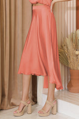 Peach Pleated Washed Poly Silk Midi Swing Skirt TYCHE