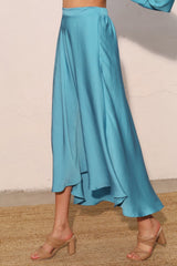 Turquoise Pleated Washed Poly Silk Midi Swing Skirt TYCHE