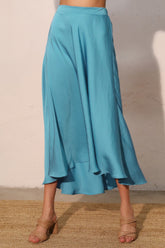 Turquoise Pleated Washed Poly Silk Midi Swing Skirt TYCHE S