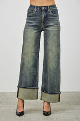 High Rise Dirty Wash Cuffed Jeans With Stretch Saige 1