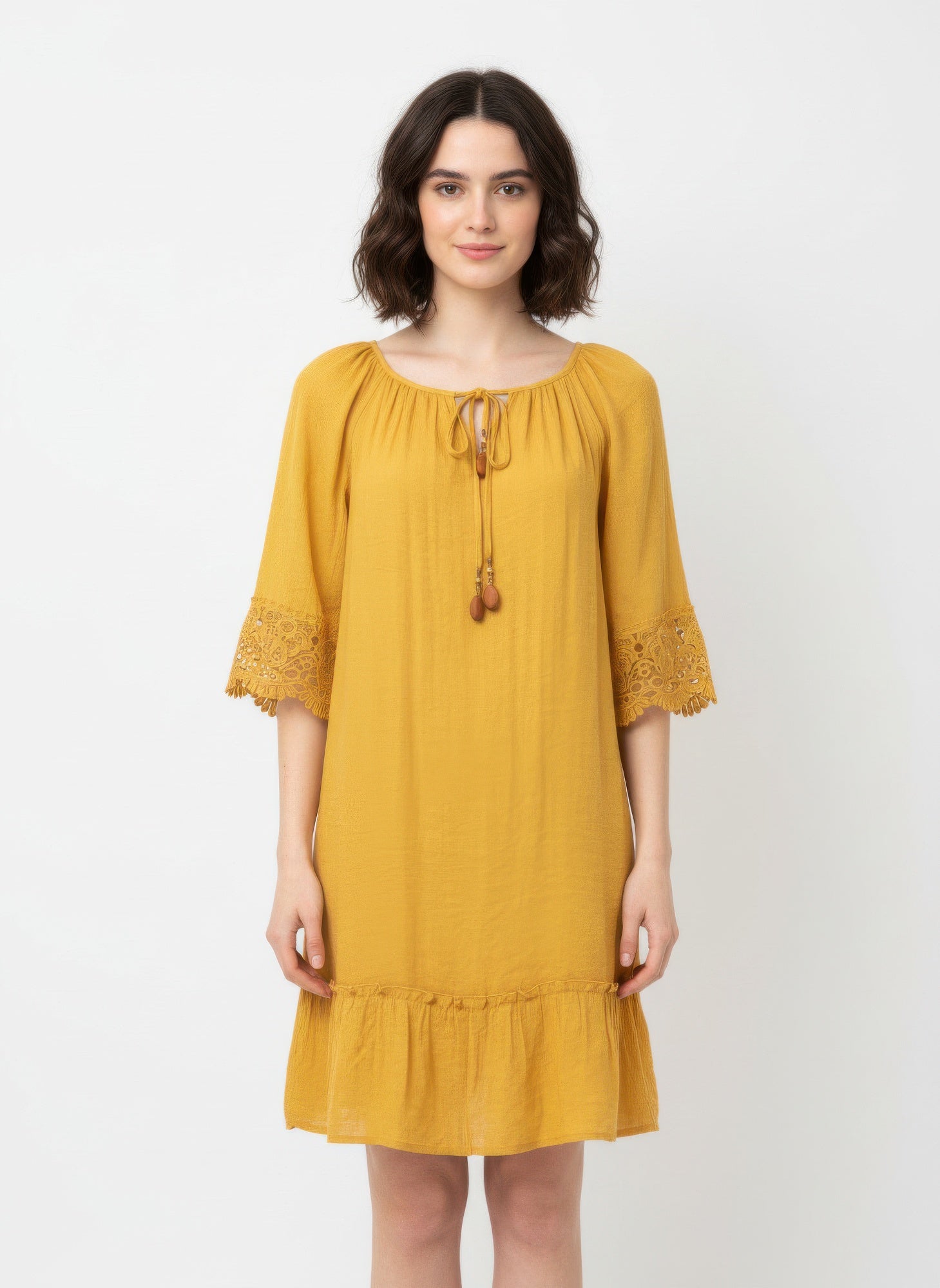 Simmer & Fay - Mlle Gabrielle solid gold elbow sleeve dress with crochet sleeve detail and notch elastic neckline