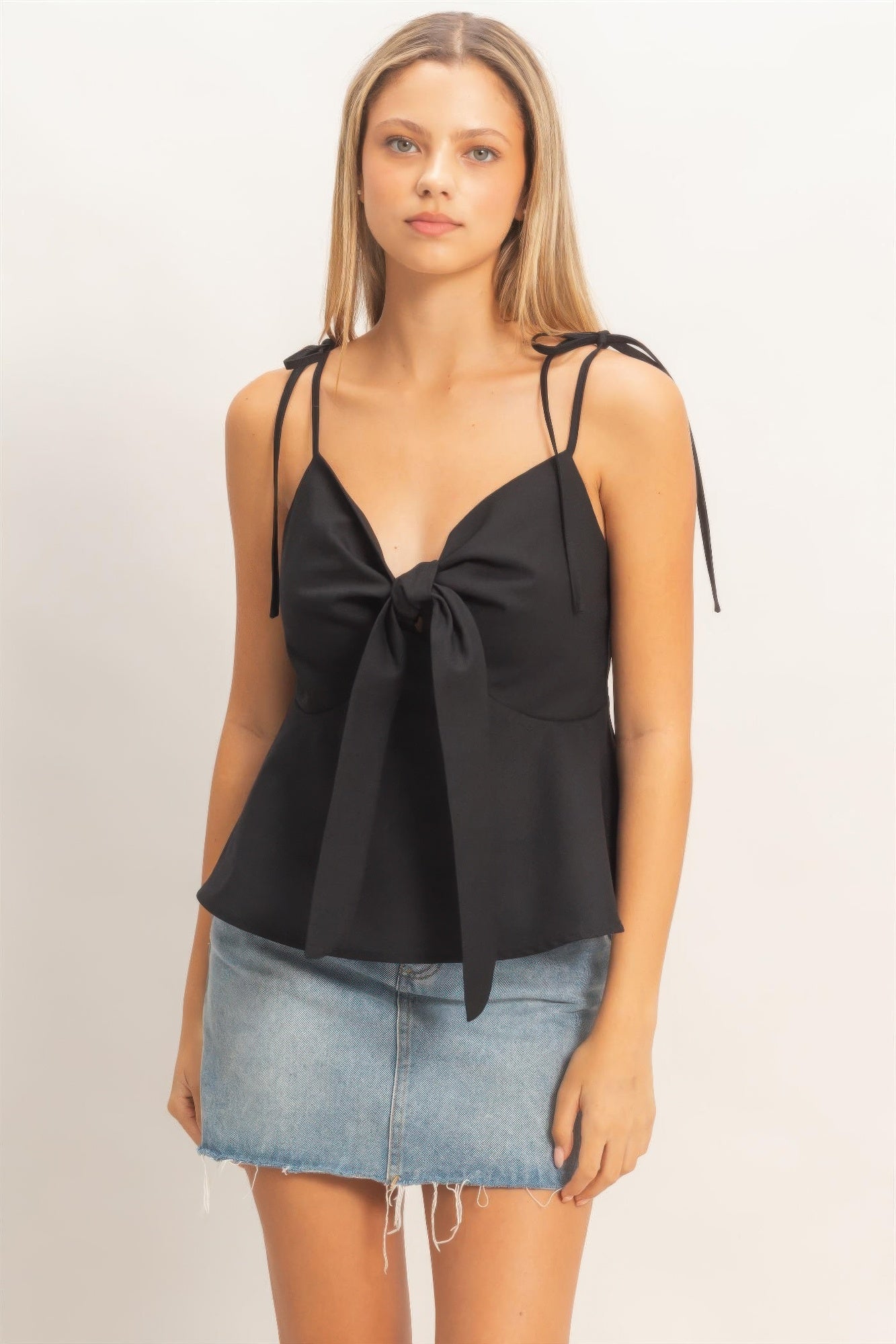 Tie Front Spaghetti Strap Top - Black HYFVE S